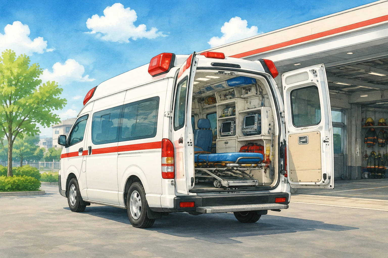 modern Japanese white ambulance with red stripe, rear doors open at a station, entire vehicle visible
