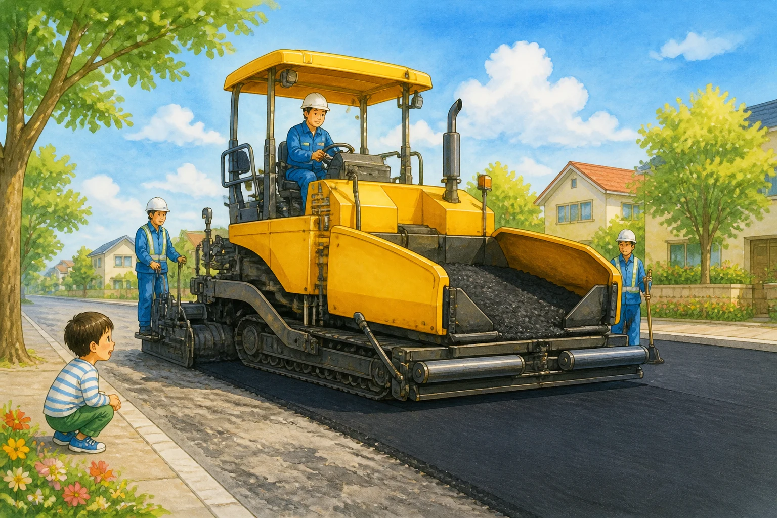 yellow asphalt paver laying a smooth black lane, entire machine visible