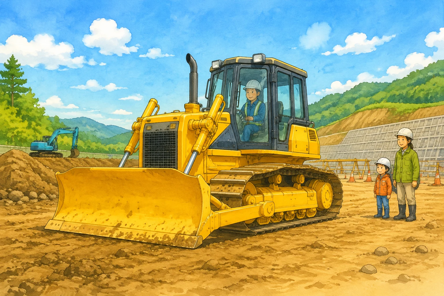 yellow bulldozer with broad curved blade at a Japanese earthworks site, entire vehicle visible