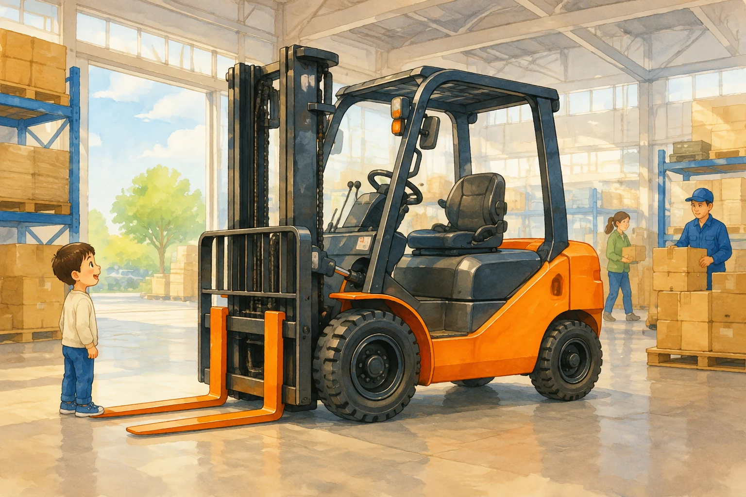 orange Japanese counterbalance forklift in a bright warehouse, entire vehicle visible