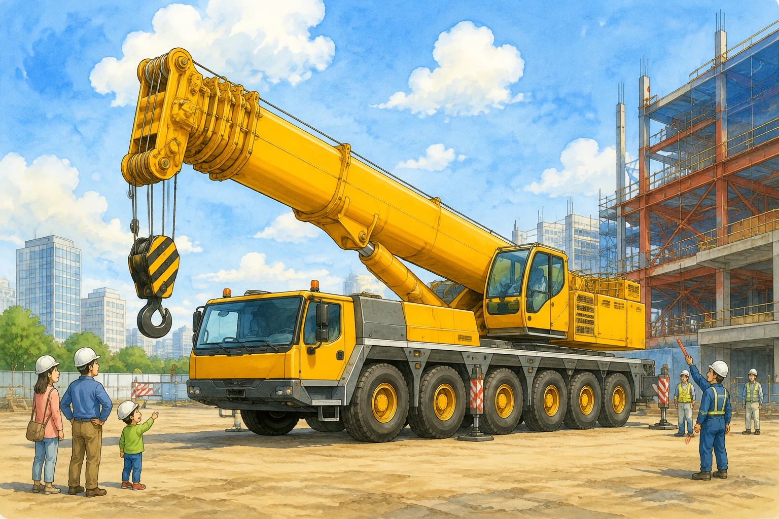 yellow all-terrain mobile crane with many axles parked at a modern construction site, entire vehicle visible