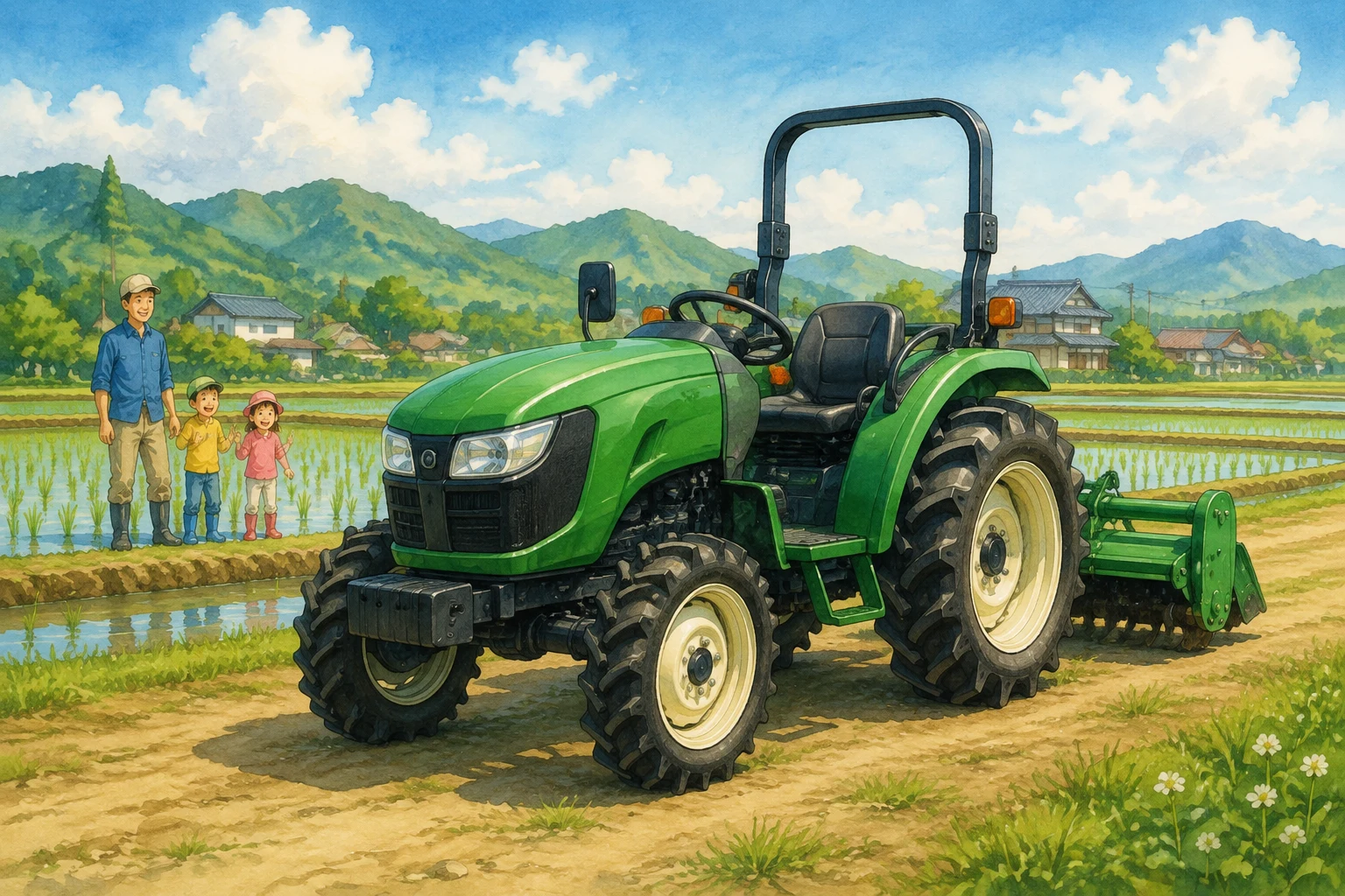 green compact Japanese farm tractor with large rear tires in a rice-field landscape, entire vehicle visible